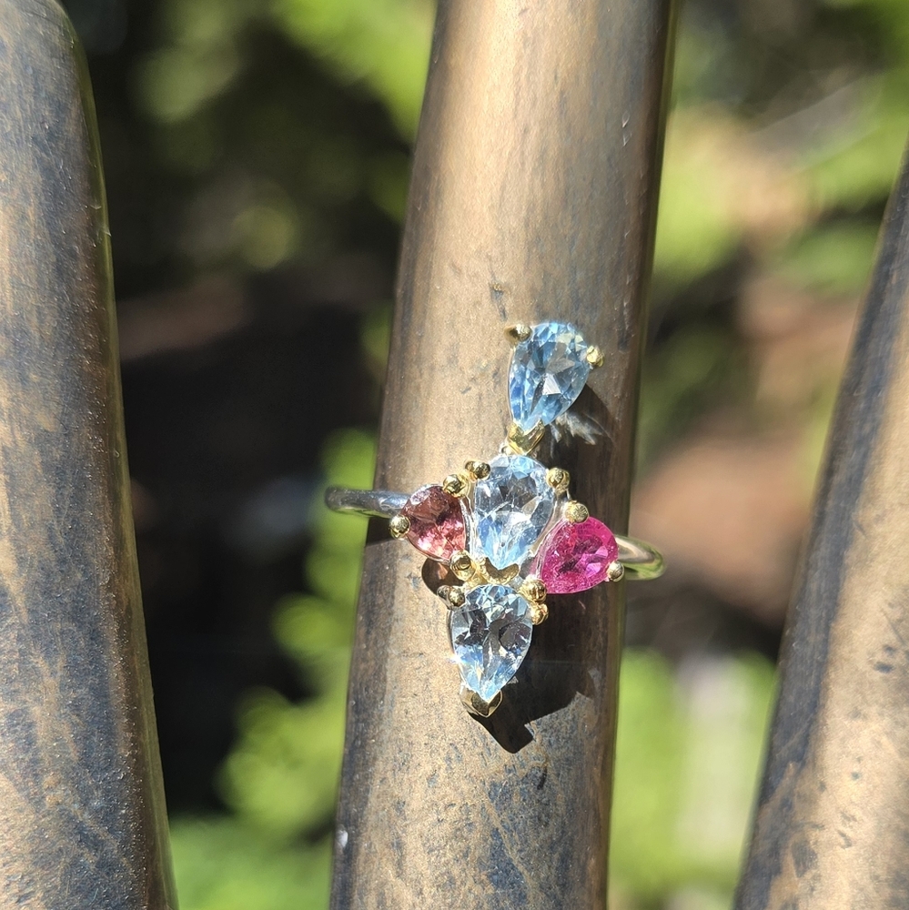 Blue Topaz 6k & Tourmaline Stering & Gold Ring Sz6 - Picture 3 of 8